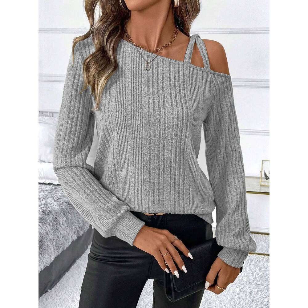 Women's Ribbed off-the-shoulder neck thermal-lined pullover sweater, suitable for daily wear in autumn and winter. Z260313