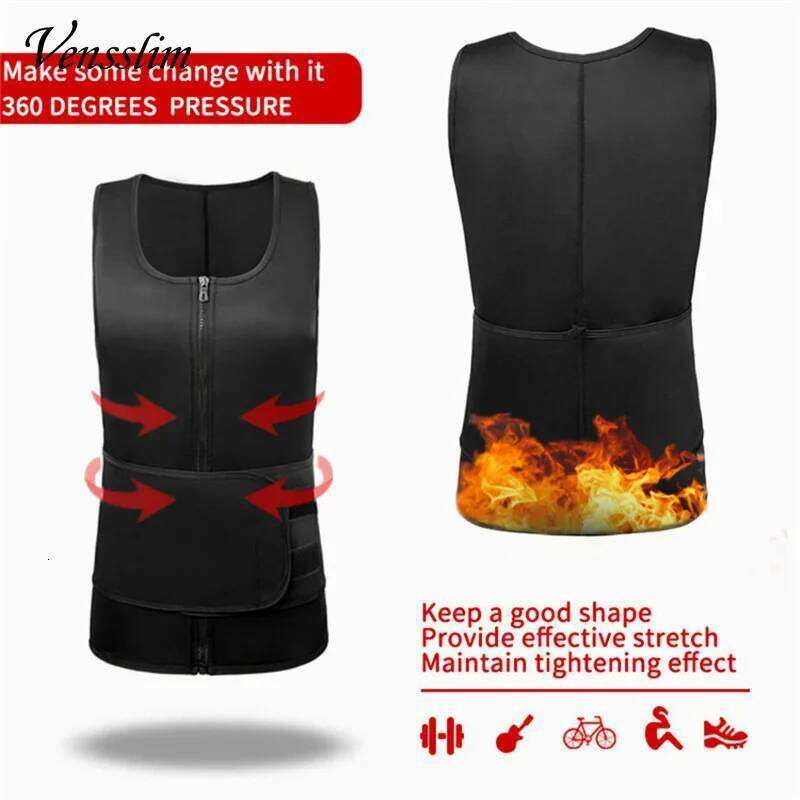 Vensslim Waist for Men Hot Neoprene Sauna Suits Zipper Sweat Vest with Adjustable Belt Gym Workout Body Shaper Tank Tops 26Y0313