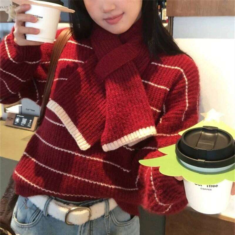 2025 Autumn Fashion Winter Pullover Stripe Sweater Warm Women Long Sleeve Scarf V-neck Elegant Loose Knitted Top Fall Knitwear Z260313