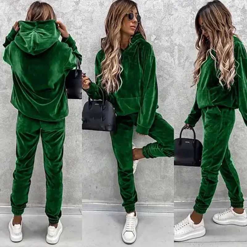 New casual womens suit solid color hooded sweatpants fall 2 piece set comfortable suede womens clothing corset trousers sets M260313