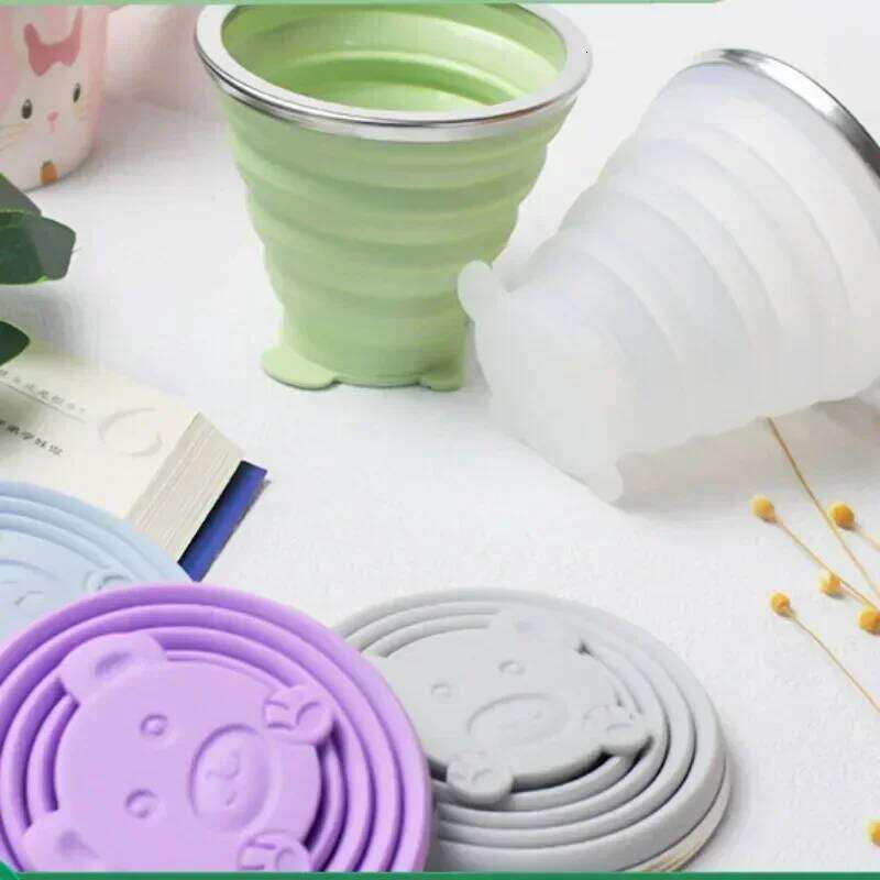 180ml Outdoor Silicone Folding Travel Casual Mug Cartoon Bear Collapsible Reusable Drinking Cup with Lids Retractable Cups Z260313