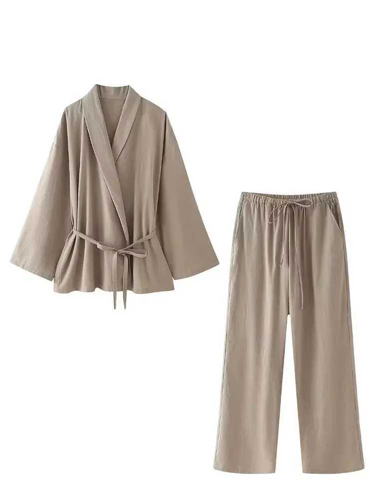 HH Women Loose Wide Leg Pant Set Fashion Lapel V Neck Long Sleeve Thin Blazer Coat With Belt 2024 Summer Ladies Solid Suit M260313