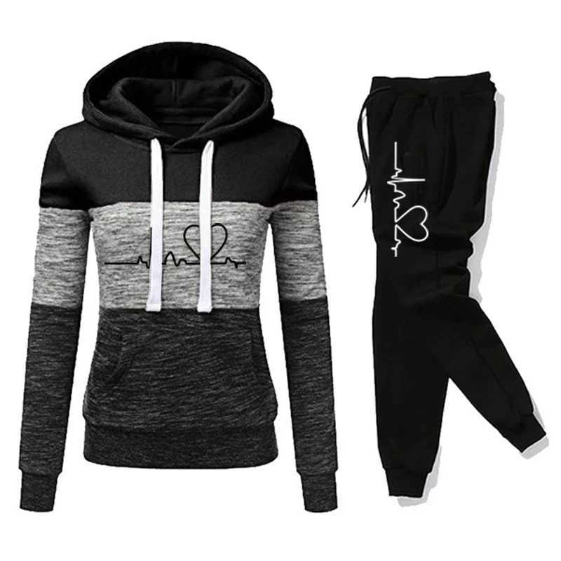 Women TraCKsuit Hooded Sweatshirt Sweatpant Color BloCK Versatile Casual Jogging Pullovers Sport Trousers Outfits S-3XL M260313
