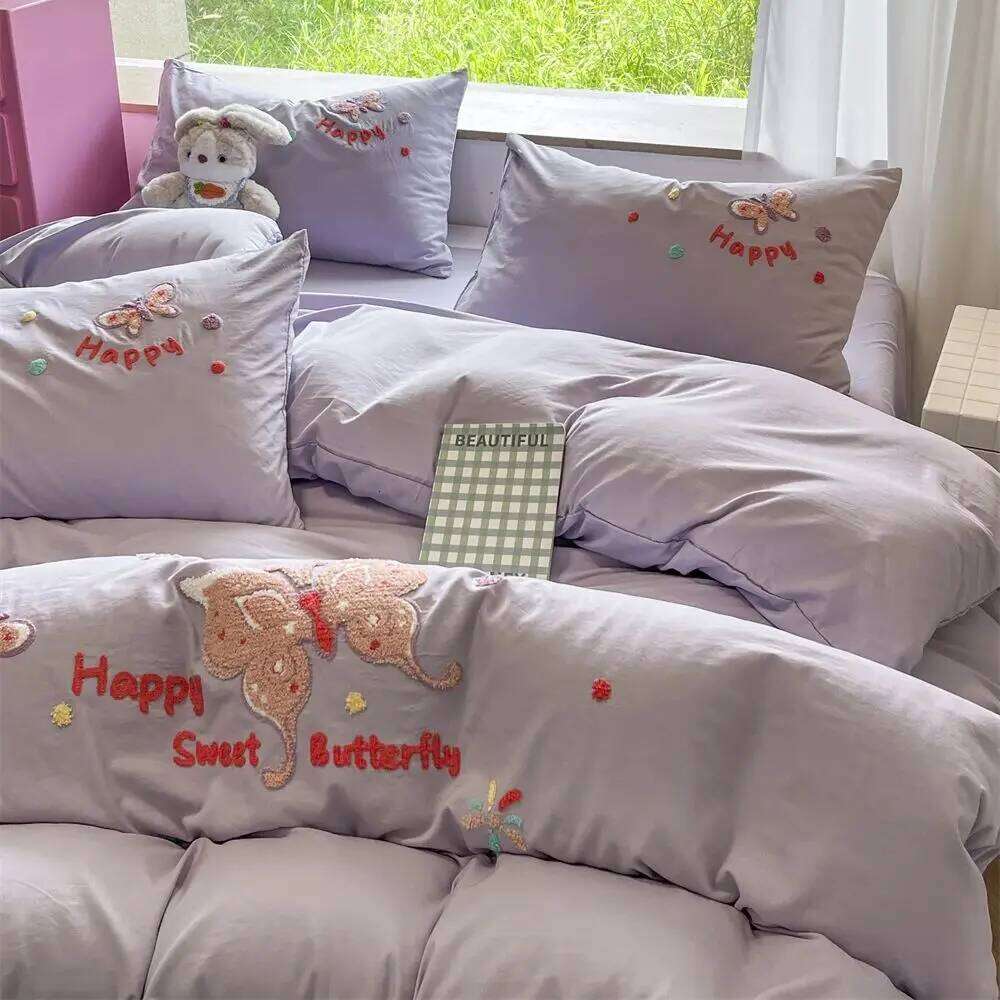 Double Sided Duvet Cartoon Embroidery Bedding Pillowcase Washed Cotton Printing Four-Pieces Set Quilt Cover Bed Sheet H260312 - view 4