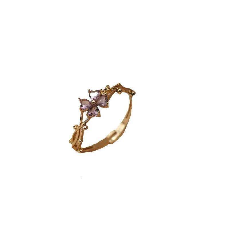 Cute Romantic Purple Four Leaf Zircon Flower Adjustable Rings for Women Gold Color Stainless Steel Jewelry Gift Anillos De Mujer H260312