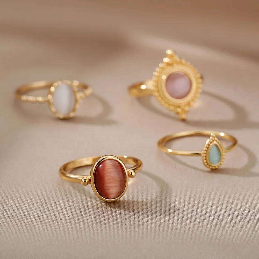 Classic Round Cat's Eye Rings For Women 18K Gold Plated Minimalist Teardrop Ring New Trend Aesthetics Couple Jewelry Accessories H260312