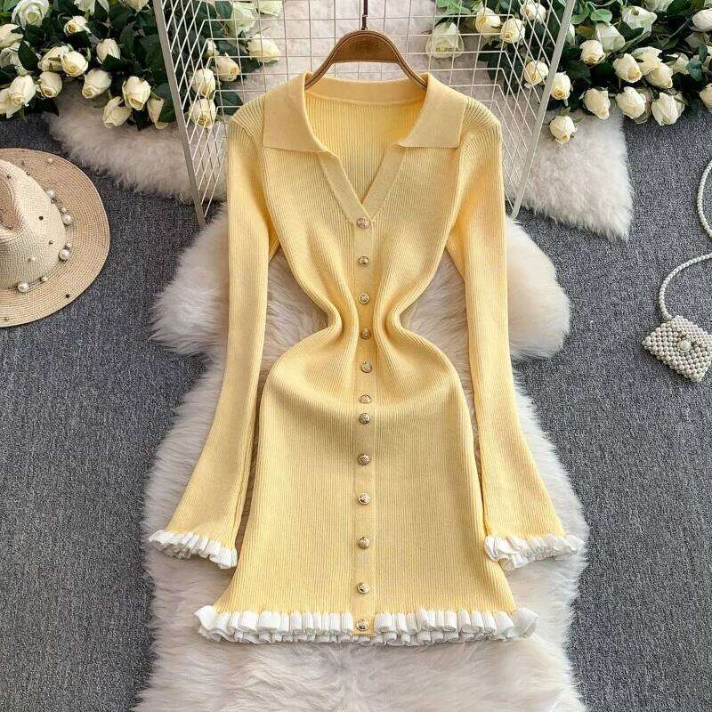 New Waist-cinching Knitting Women V-neck Long Sleeve Chic Short Dress Metal Button Spring Autumn Female Ruffle Dresses Z260313