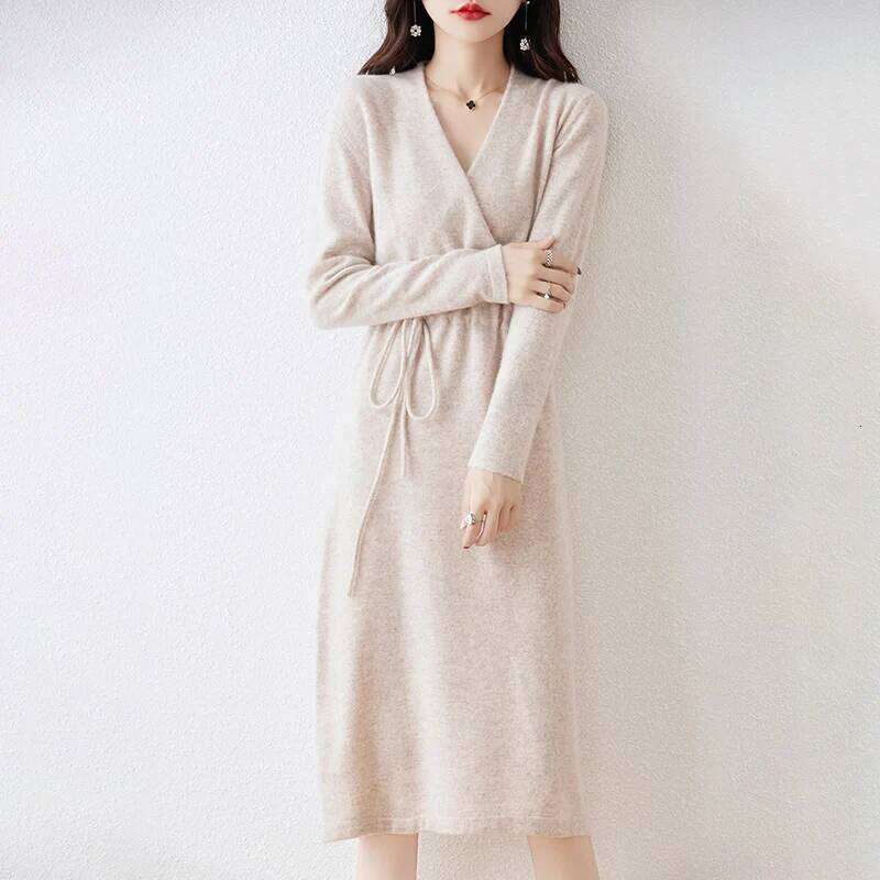Autumn And Winter New 100% Pure Wool V-Neck Solid Color Lace-Up Long Cashmere Knit Bottoming Sweater Dress Z260314
