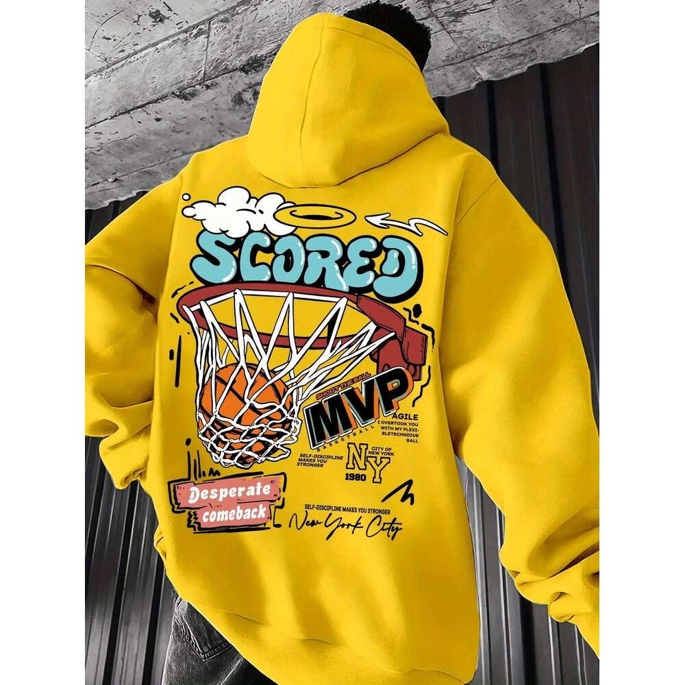 Casual MVP Basketball Graphic Hoodie for Men - Knitted Fabric Regular Fit with Slight Stretch Z260314