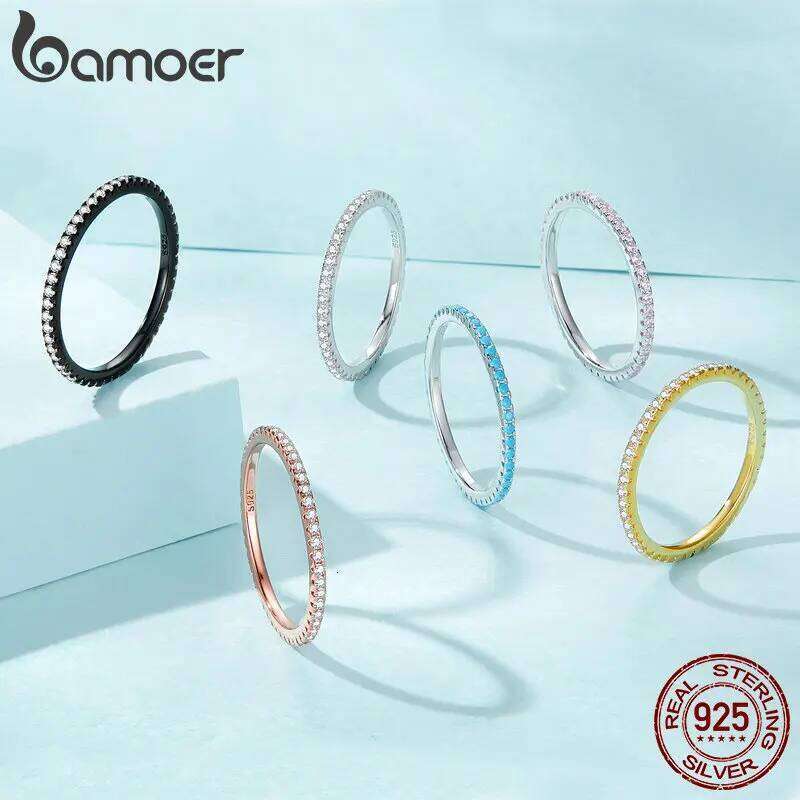 Bamoer 925 Sterling Silver Fashion CZ Stackable Black Gold Plated Eternity Bands for Women 7 Colors Ring Statement Jewelry H260312