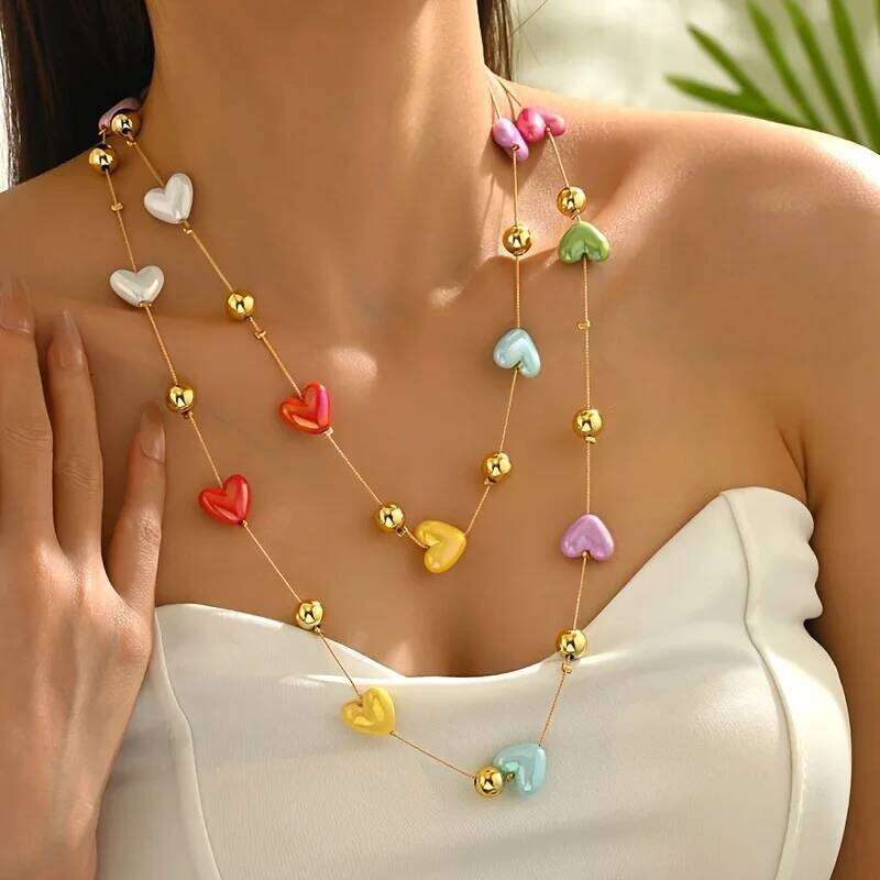 Bohemian Long Multilayer Heart Necklace for Women Colorful Candy Like Hearts with Golden Accents H260312