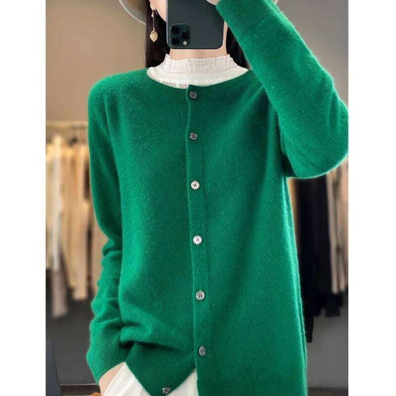 Women Cardigan Knitwear 100% Merino Wool Sweater O-neck Autumn Winter Clothes Female Long Sleeve Casual Classy Basic Soft Tops Z260314