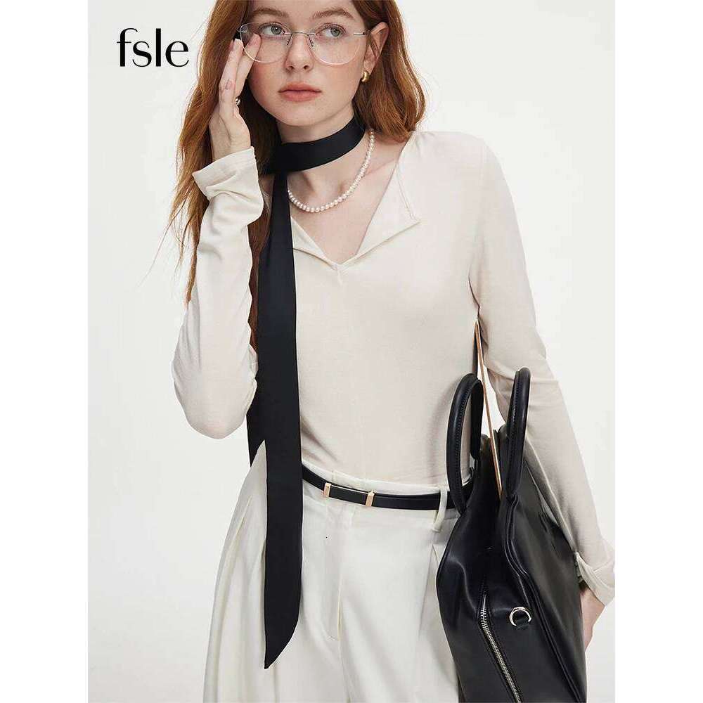 FSLE Autumn Knit Top 2025 New Casual Long Sleeve Sweater For Women V-Neck Slim Cotton Grey Pullover Beige Chi Topc Z260314