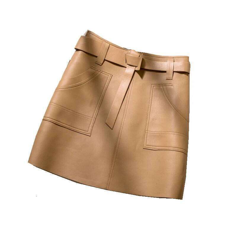 Quality Genuine Leather High Waisted A-line Buttocks Wrapped Women's Fashionable Sheepskin Belt Short Skirt Y2k Z260314