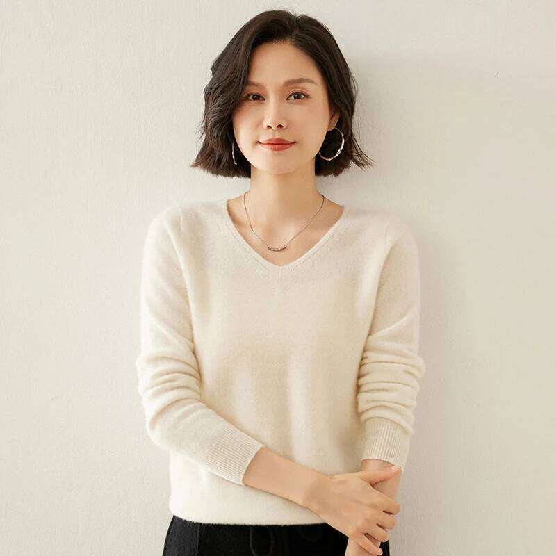 Sweater V-Neck Long Sleeve 100% Pure Cashmere Fall Winter Warm Soft Knit Pullover New Knitted Tops Women's Clothing Z260314