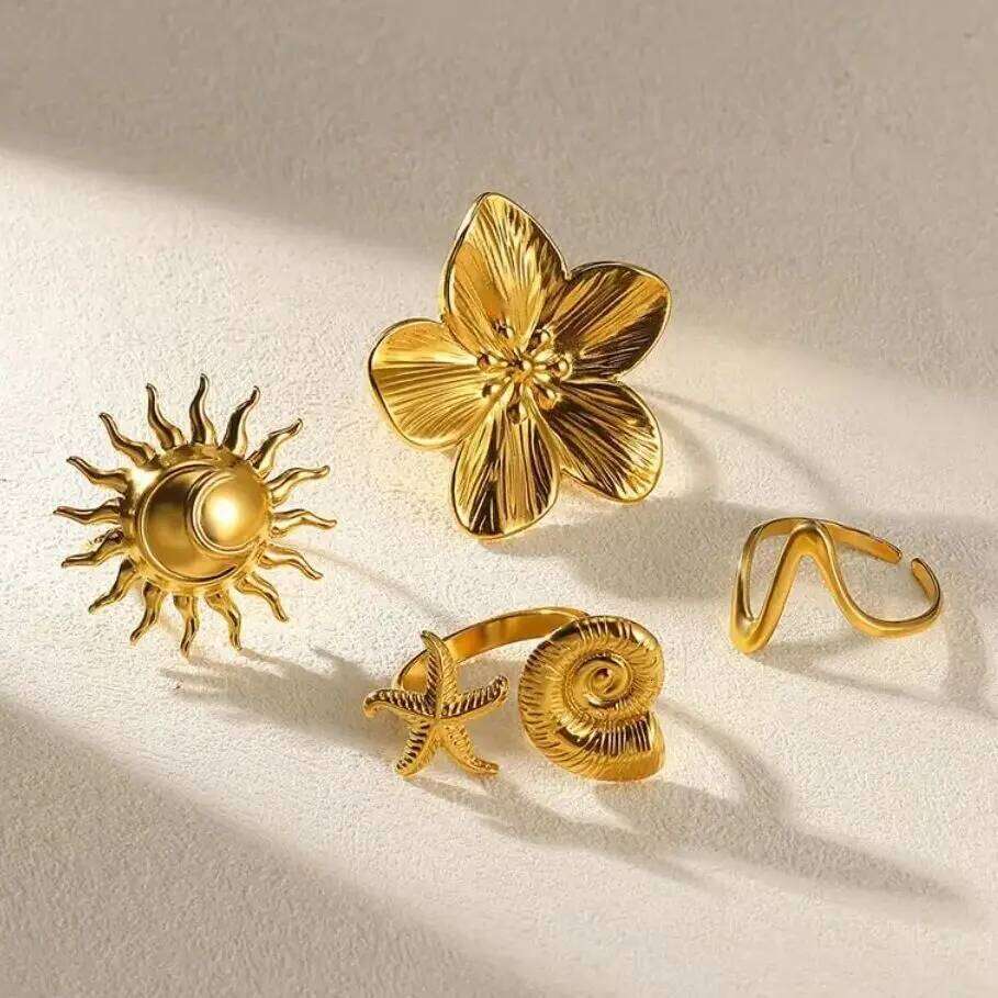 Elegant Stainless Steel Big Bloom Flower For Women Gold Color New Style Open Rings Finger Punk Jewelry Wedding Her Gift H260312