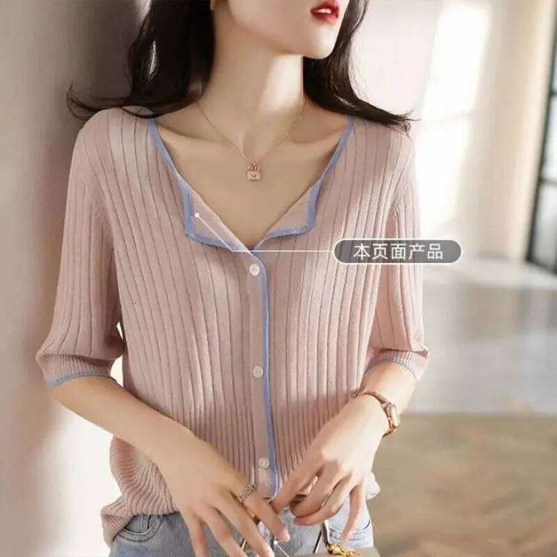 Women Clothing Fashion All-match Vertical Grain Patchwork Cardigan Summer Casual Loose V-neck Short Sleeve Top Chic Solid Tshirt Z260313