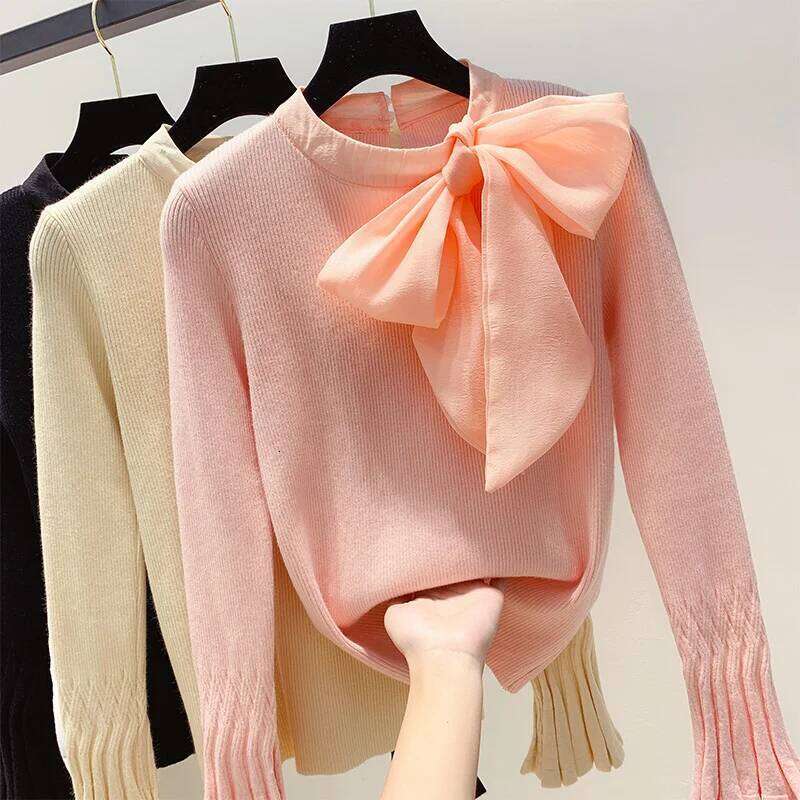 Autumn Winter Retro Tie 3D Bow Decors Sweater Flare Pullovers Bottoming Knitted Shirt Long Sleeve Tops Blusas Mujer 2019 Z260314