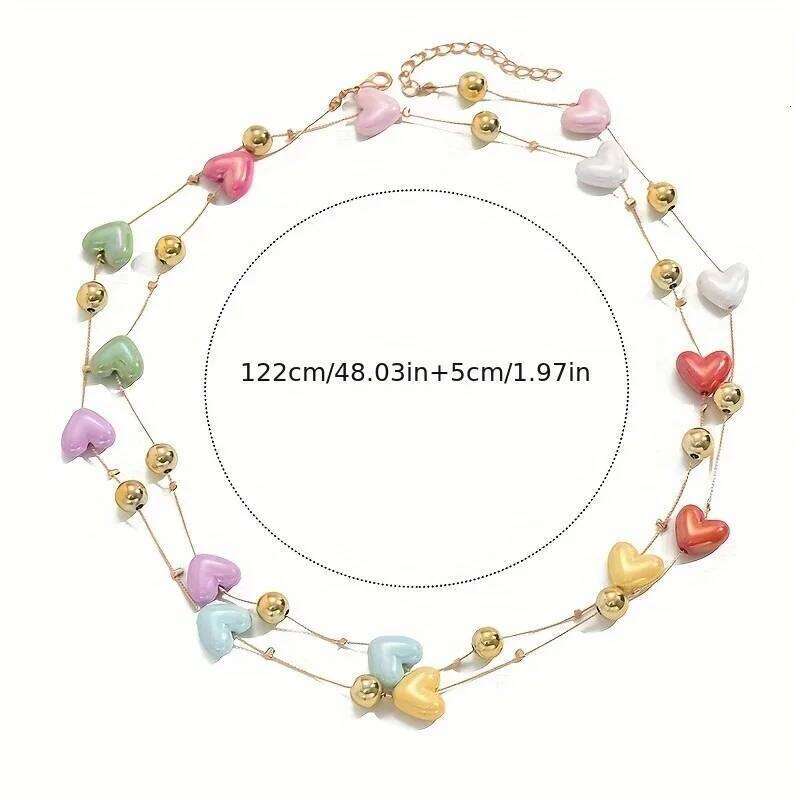 Bohemian Long Multilayer Heart Necklace for Women Colorful Candy Like Hearts with Golden Accents H260312