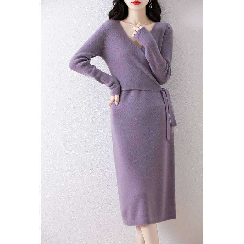 Women V-neck 100% Merino Wool Dress Sweater Autumn Winter Crossing Lace-up Long Sleeve Pullover Knit Skirt Office Lady Knitwear Z260314