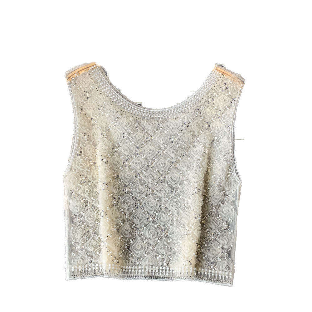 Designer European style high-end sequin bead round neck sleeveless women's vest with mesh and A12 slim fit for spring and summer