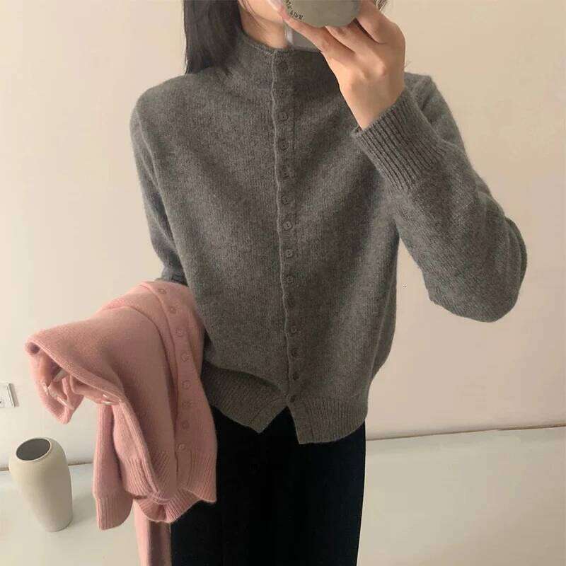 New Soft Comfortable Stand-Up Collar Sweater Cardigan Women Simple Single Breasted Cardigans Coat Autumn Solid Knitted Outerwear Z260313