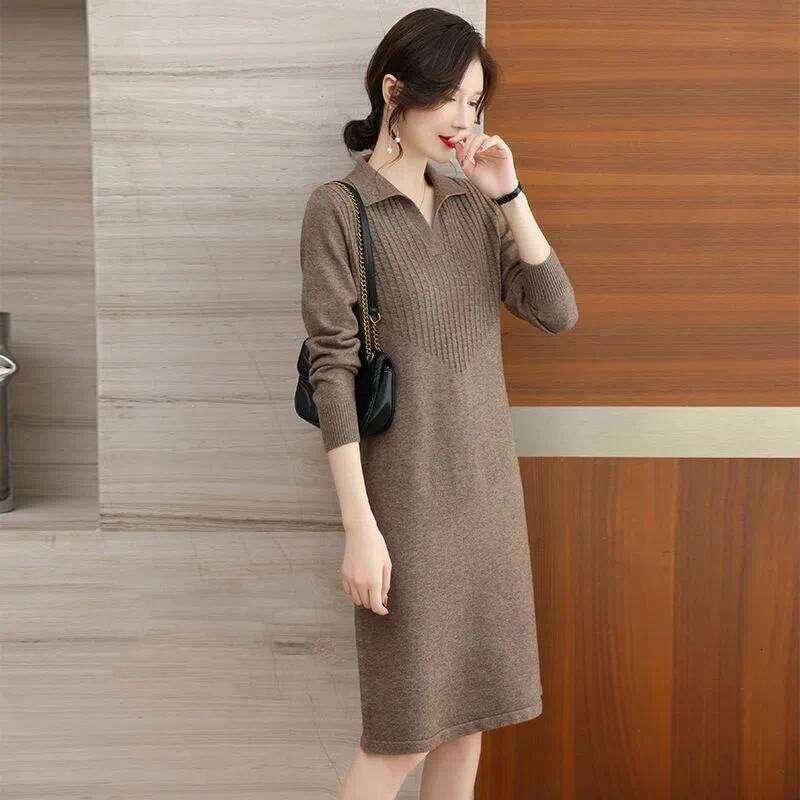Autumn Women's Lapel Fashionable Knee Length Sweater Dress Loose Temperament Solid Color Straight Knit Bottom Skirt Z260314