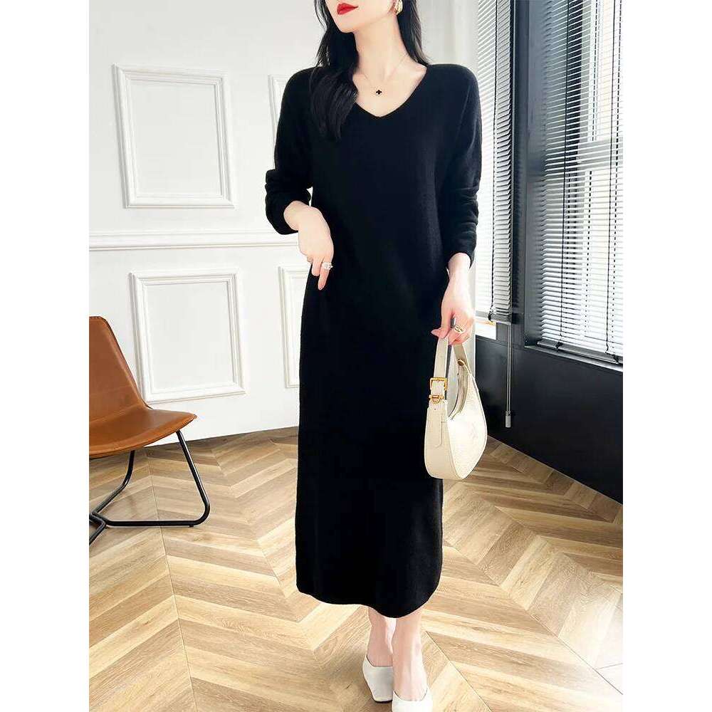 2024 New 100% Merino Wool Women Sweater V-Neck Pullover Long Dress Versatile Cashmere Knitwear Korean Popular Clothing Z260314