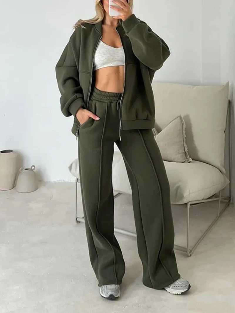 Autumn New Sports Suit For Women Loose Solid Color Zipper Long Sleeve Sweatshirt Coat High Waist Lace Up Trousers 2 Piece Set M260313
