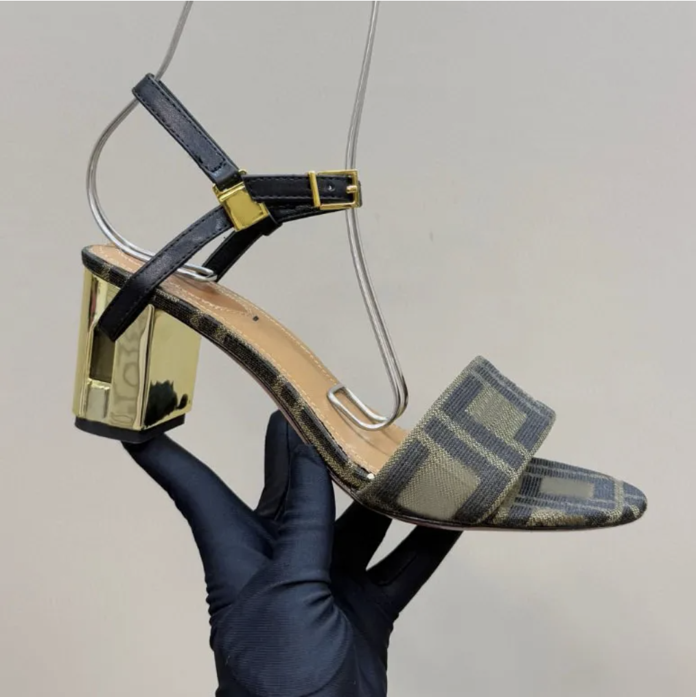Designer Sandal Brown F-Jacquard Middle Heel Sandals 8.5cm luxury Fashion Peep-toe heels Ankle Strap Dress shoes women's Classics Party evening shoes