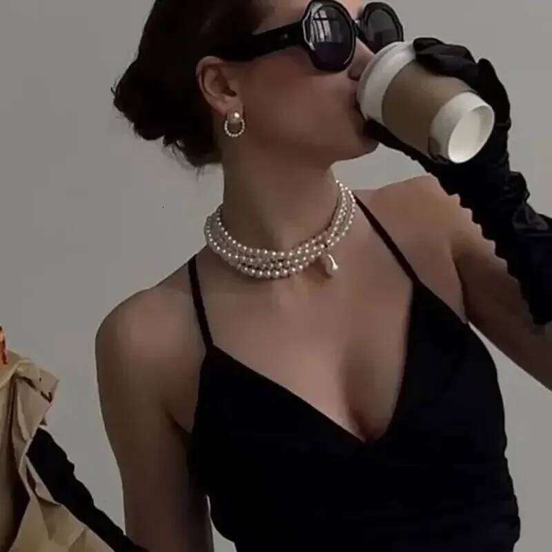 Multi Pearl Fashionable Layer Collarbone Chain Collar Exaggerated Personality Necklace Choker Accessory H260312