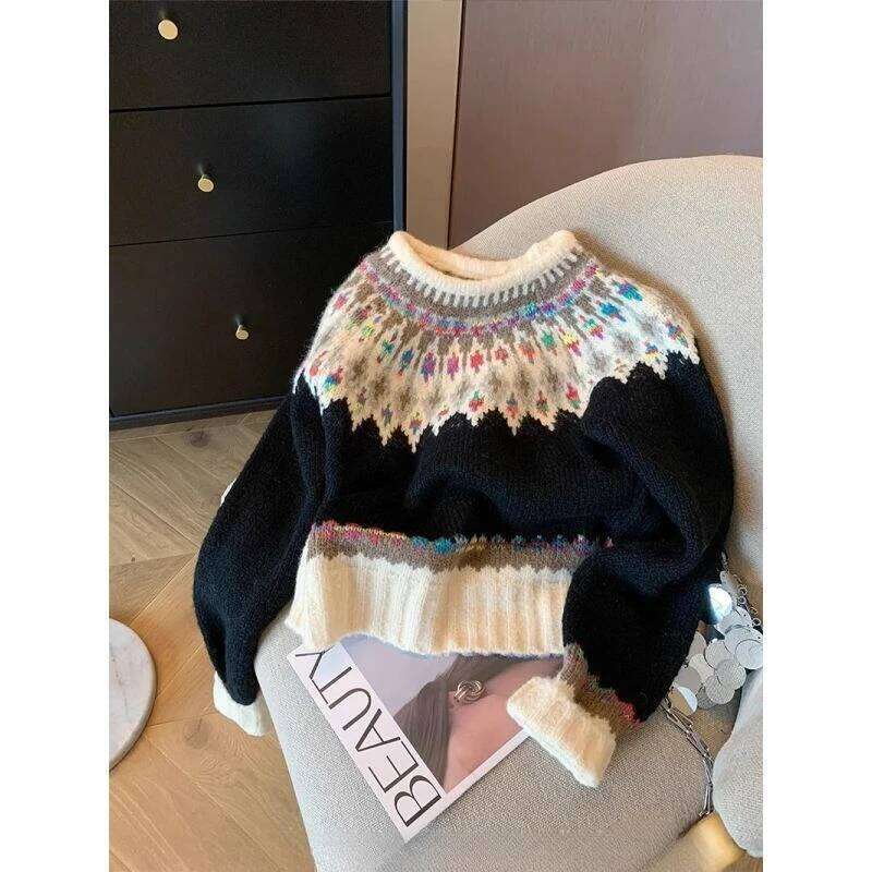 Retro Fair Isle Pattern Sweater Women Loose Knit Pullover Crew Neck Long Sleeve 2025 Winter Top Z260314