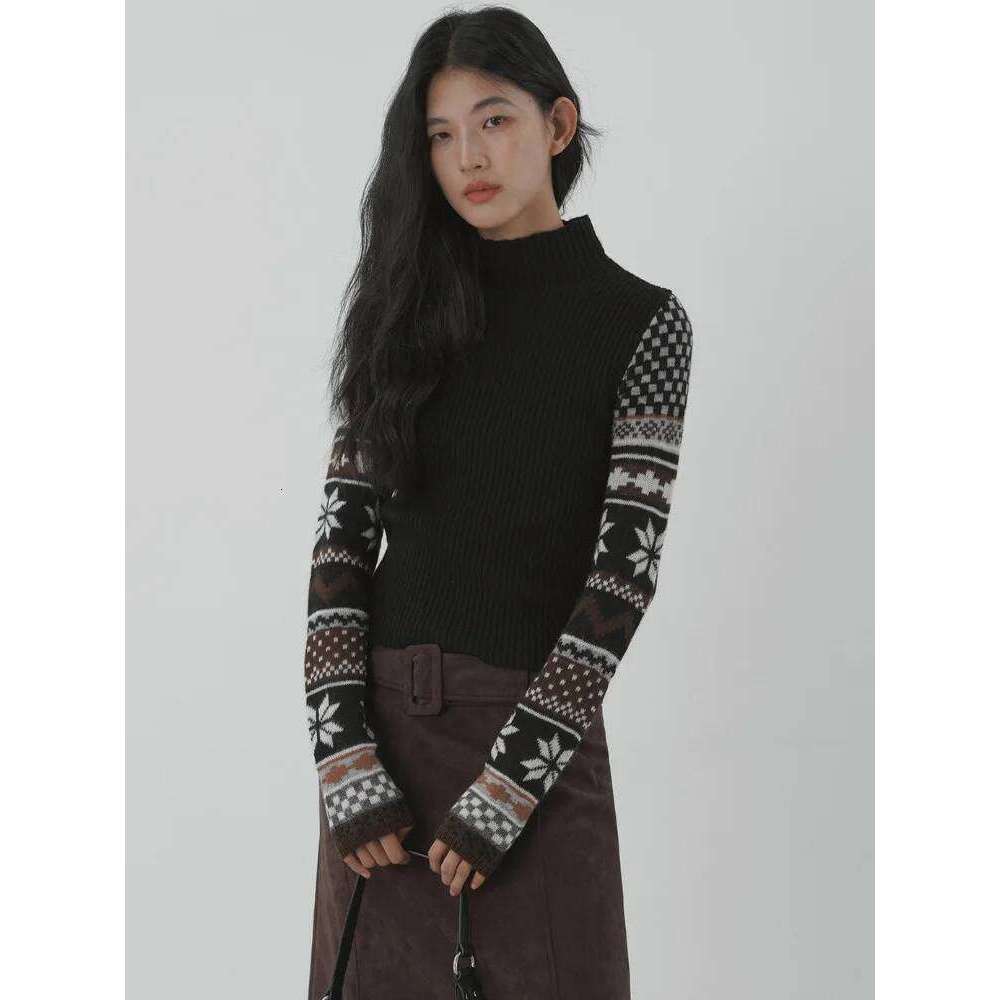 Vintage Jacquard Half High Collar Sweater Women's Casual Slim Tops Knitted Pullovers Long Sleeved Spliced Knitwear Sueter Z260313
