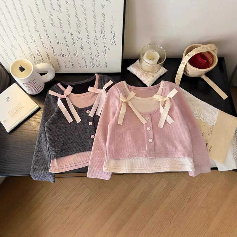 Women's T-Shirt Girls' Sweet Versatile Two-in-One T-Shirt Top Spring New Korean Style Children's Fashionable Stylish Base Shirt