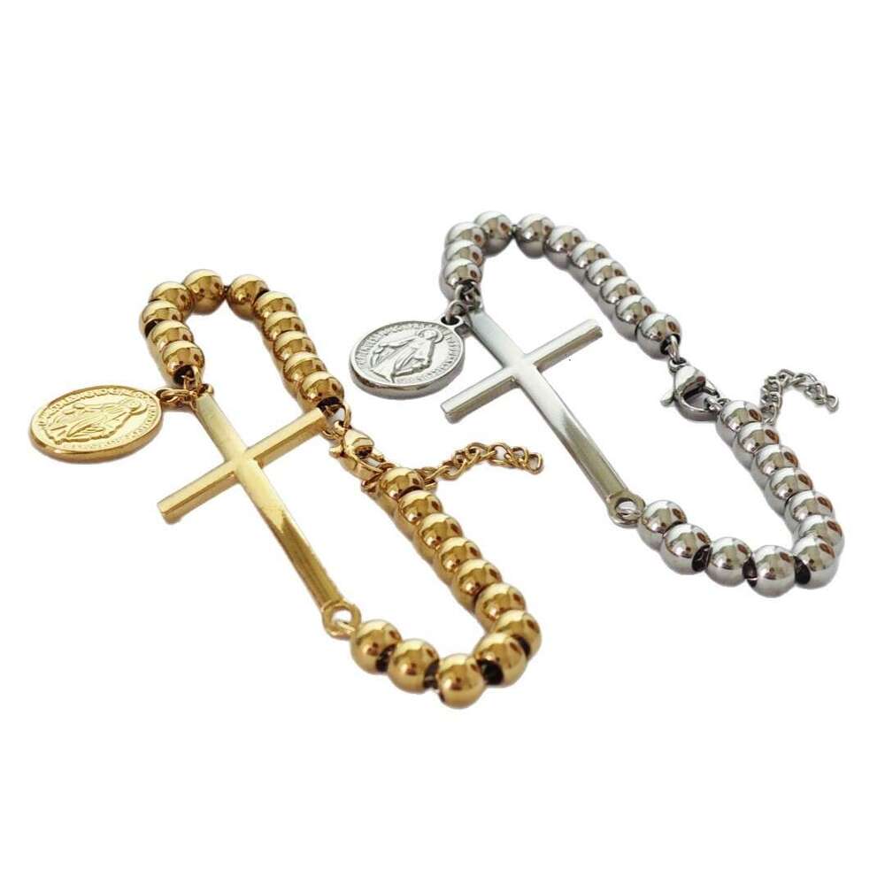 Women Jewelry Bracelets Charm Bracelets Unisex Stainless Steel Rosary Bead Bracelet Two-Sided Totem Cross Pendant Fashion Women Bracelet