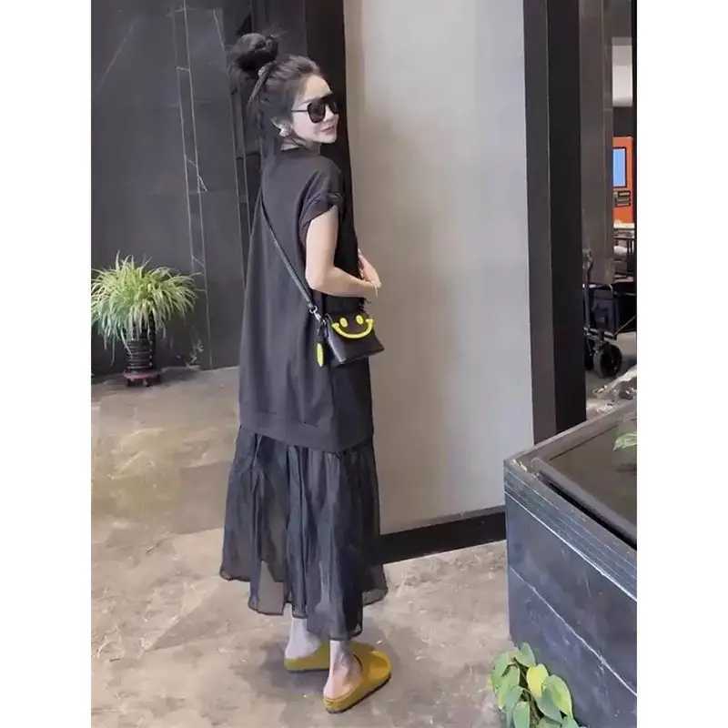 Summer Lightweight Spliced Mesh Dress Fashionable and Unique Faux Two-piece Sleeveless T-shirt DressT260314