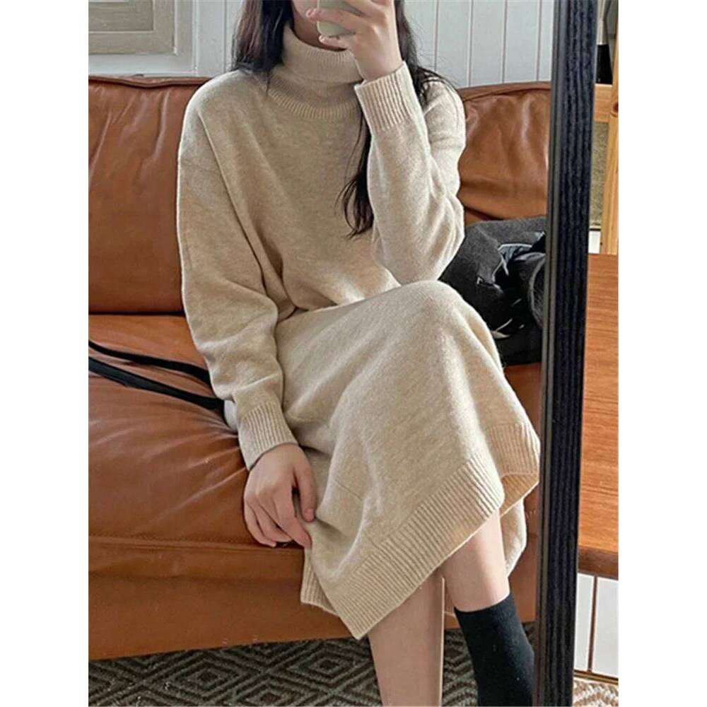 REALEFT Autumn Winter Turtleneck Women's Sweater 2024 New Sleeve Solid Warm Knitted Casual Long Dresses Female Z260314