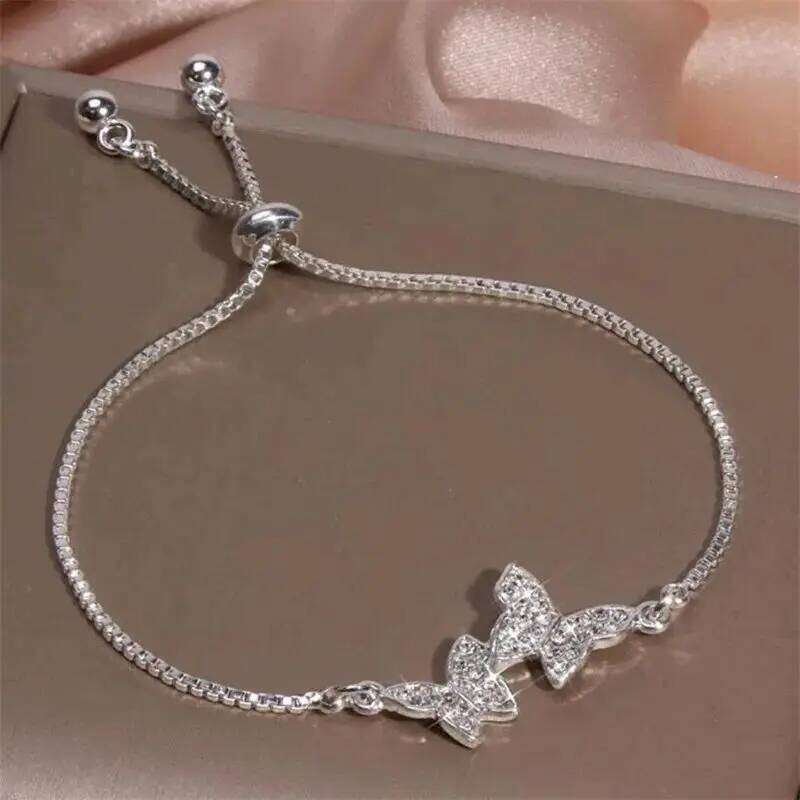 Korean New Luxury Silver Color Crystal Zircon Butterfly Women's Fashion Temperament Flower Adjustable Bracelet Jewelry Z260313