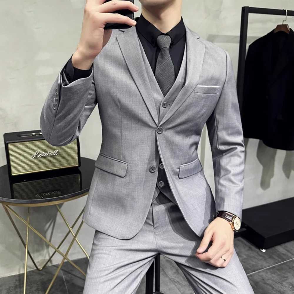 Mens Wedding Groomsmen Suit Set High-Quality Solid Color Casual Office Menswear Jacket Vest Pants M260313