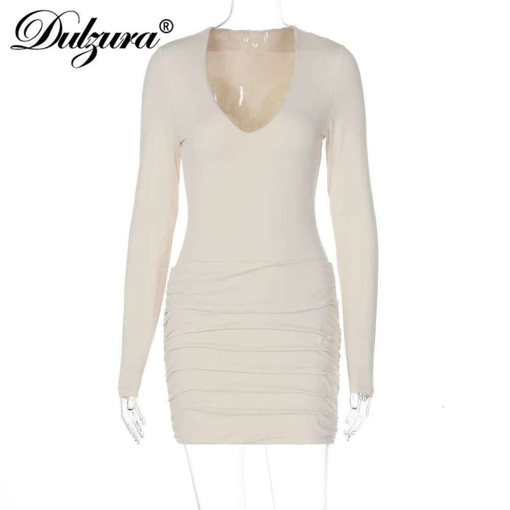 Dulzura Autumn Fashion Casual V-Neck Long Sleeve Ruched Slim Fit Mini Dress Women'S Solid Sexy Clothes Party Club Street Outfit Z260314