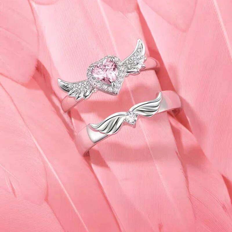 Chic Angel Wing Ring for Couple Pink Heart Cubic Zirconia Eternity Rings Romantic Forever Finger Jewelry Valentine Day Gift H260312