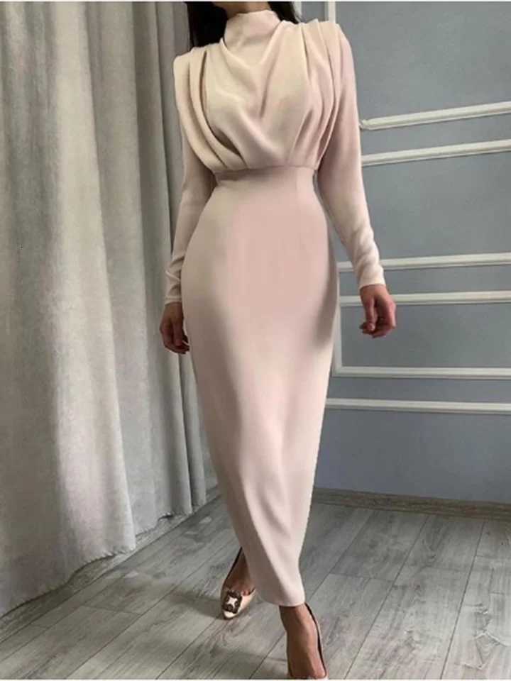 Round Neck Pleated Long Sleeved High Waisted Solid Color Womens Dress Daily Office Elegant Urban Style Autumn DressT260316