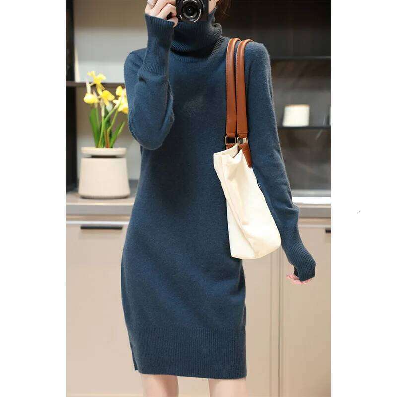 Elegant Cashmere Sweater Womens Dresses 100% Merino Wool Autumn Winter Turtleneck Knitted Dress Female Casual Long-Sleeve Skirts Z260313