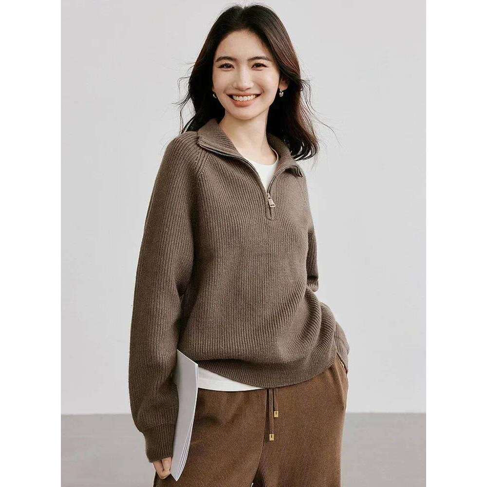 Knitted Oversized Sweater Women Autumn Solid Casual Loose Lapel Women's Pullovers Zipper Turndown Collar Fashion Jumper Knitwear Z260314