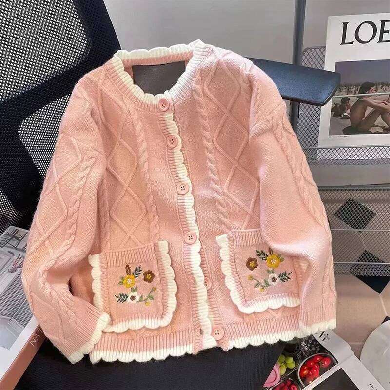 Floral Embroidery Knit Cardigan Women Sweet Preppy Button Pocket Patchwork Sweater Loose Long Sleeve Cute Autumn Winter Outwear Z260313