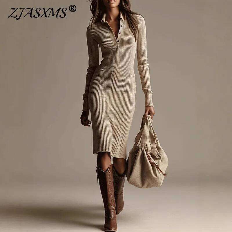 Fall Fashion Solid Ribbed Knitted Dresses Woman Elegant Turn-down Collar Button Winter Long Sleeve Slim Sweater Dress Z260313