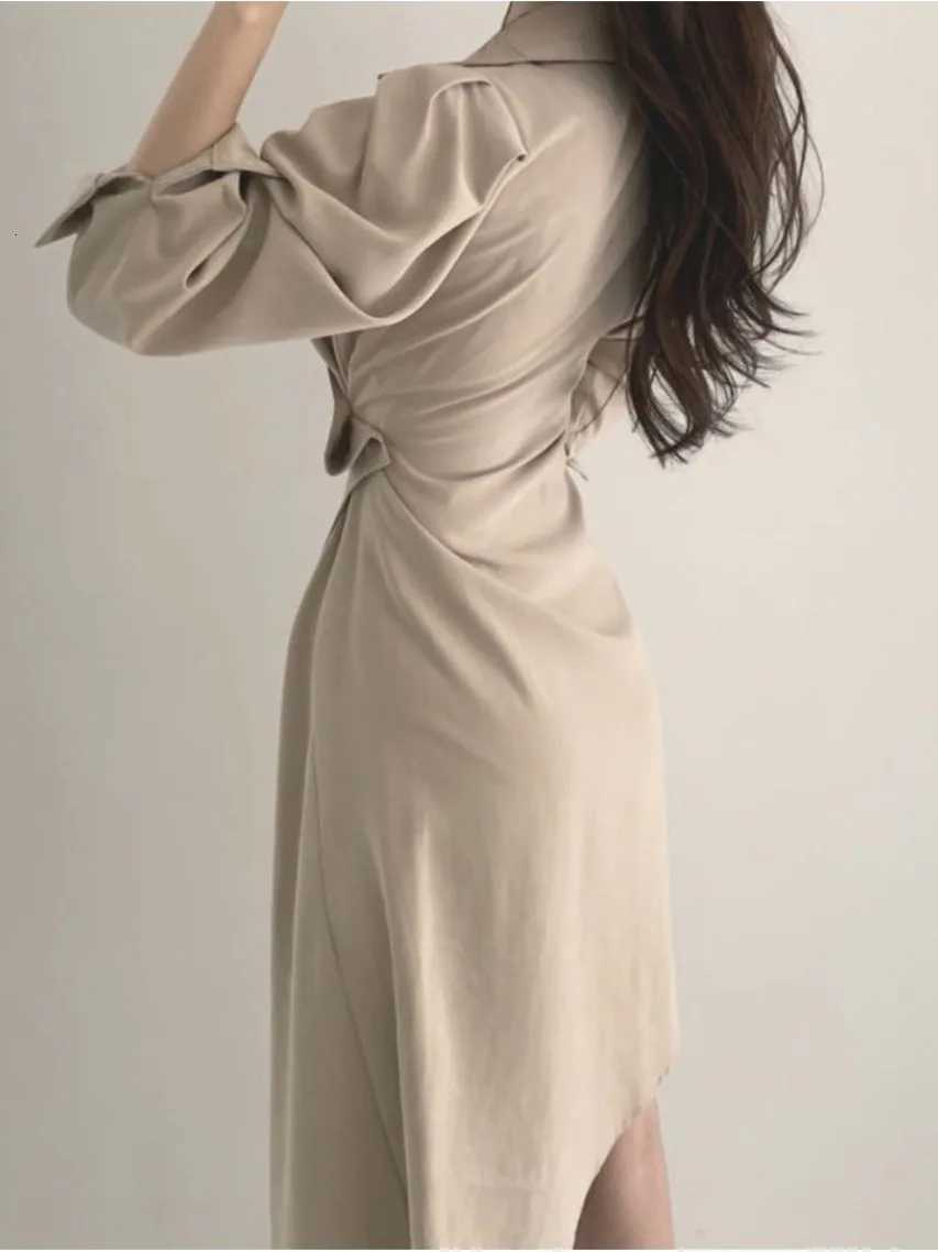 Chic Early Autumn irt Dr Womens Single Button Waist Cinched Midi Asymmetrical Collar Busin Casual Sle DrT260314