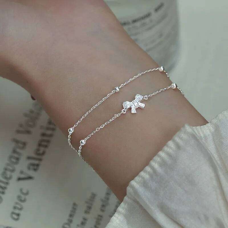 925 Sterling Silver Double Layer Bead Bracelets For Women Retro Korean Zircon Bowknot Chain Bracelet Party Jewelry Z260313