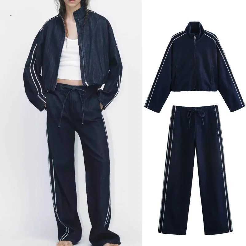 PRINTKAOIR Women High Street Denim Set Side Stripe Stand Collar Zipper Jacket Lace-Up Pant 2025 Autumn Winter Casual Female Set M260313