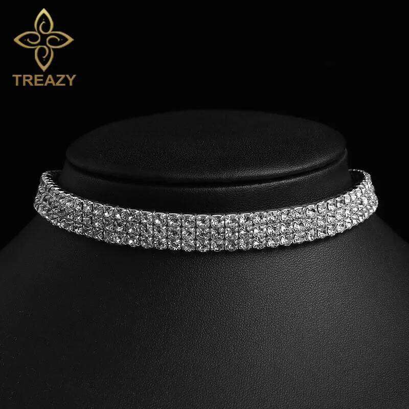 TREAZY Bridal Wedding Prom 1-5 Row Rhinestone Chain for Women Diamante Crystal Choker Necklace Elastic Cord H260312